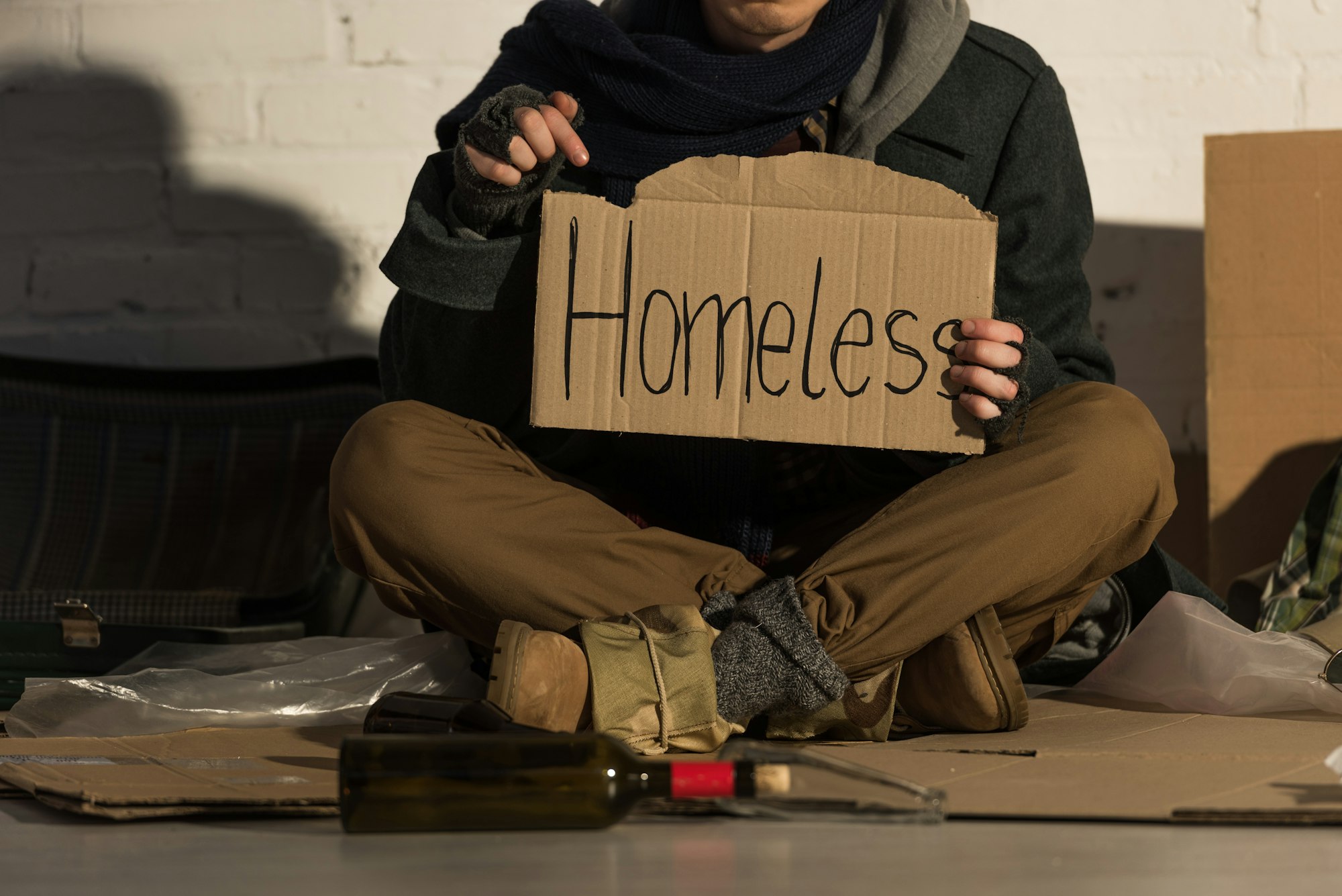 cropped view of homeless man holding piece of cardboard with"homeless" handwritten inscription